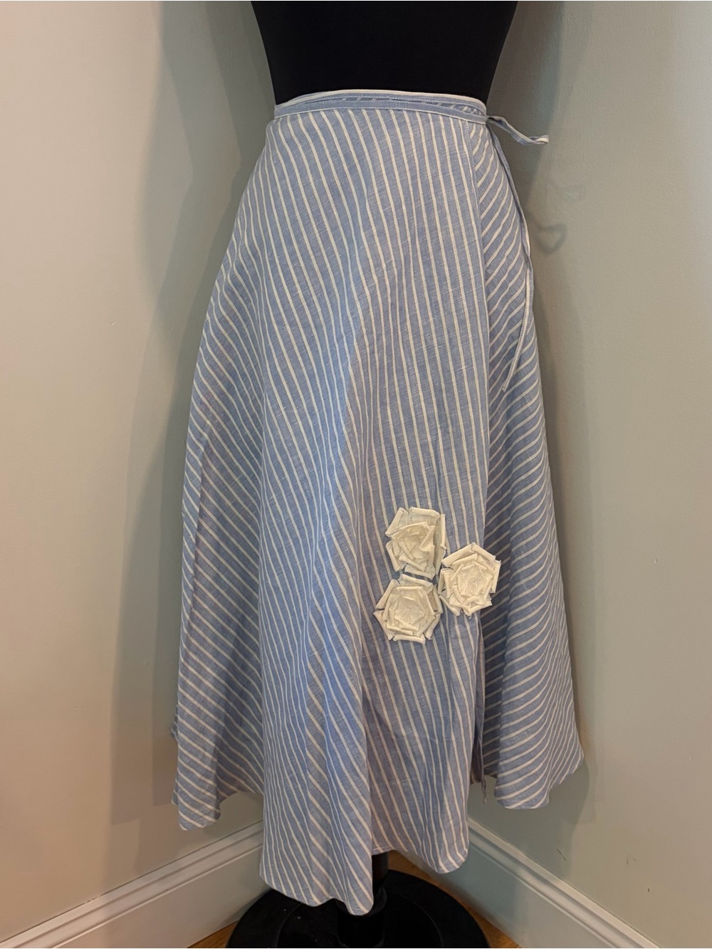 MIGUELINA Linen Wrap Midi Skirt Large Blue Striped 3D Floral Resortwear
